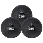 Three black dumbbells with weight markings on a white background