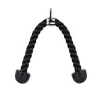 Black rope handle with metal clip on a white background