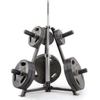 Weight plate stack with a stand on a white background