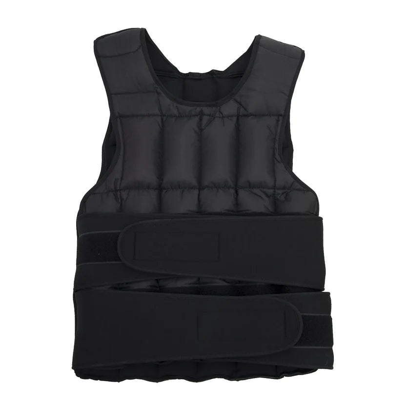 Adjustable weighted vest in black color with visible weight compartments.