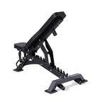 Black adjustable weight bench on a white background