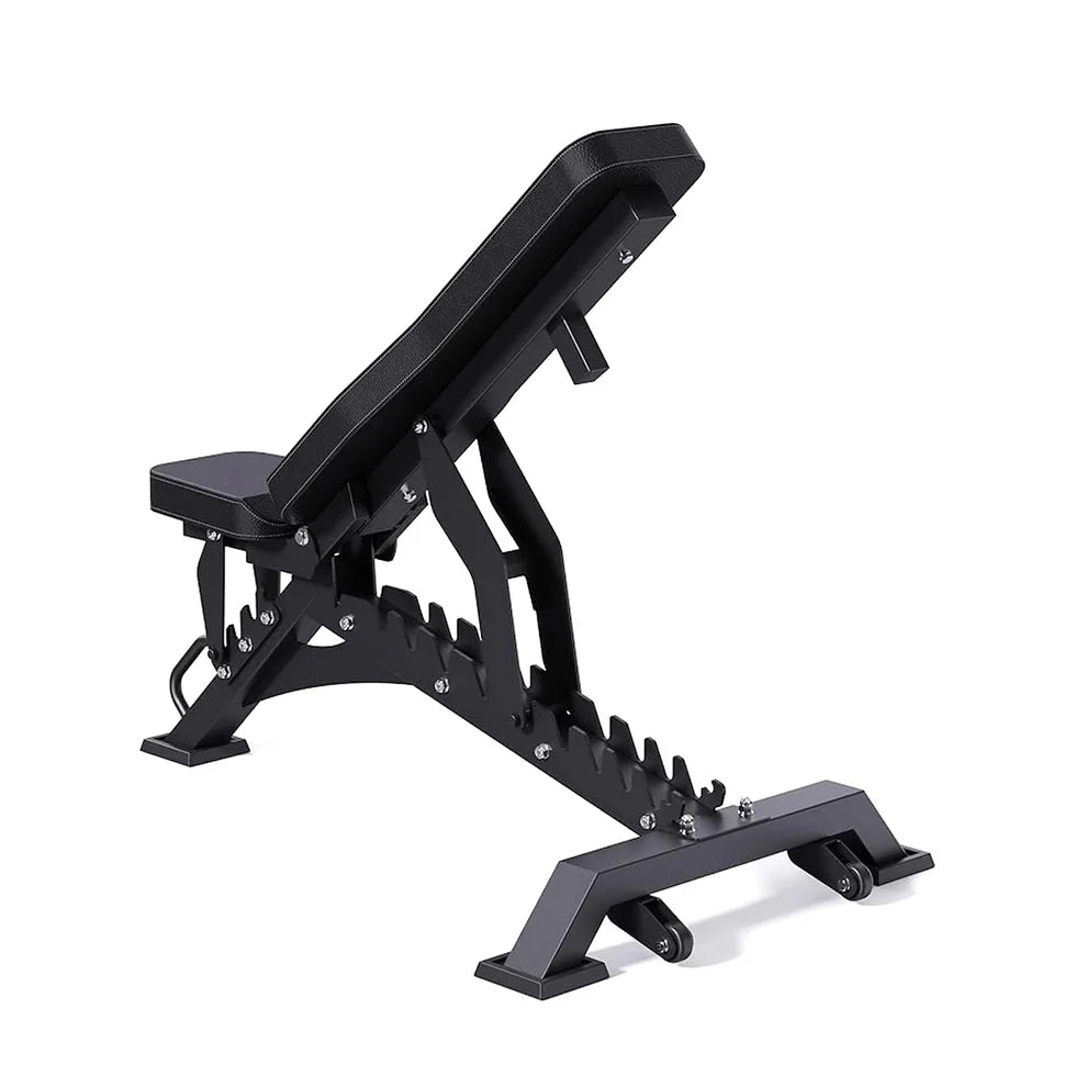 Black adjustable weight bench on a white background