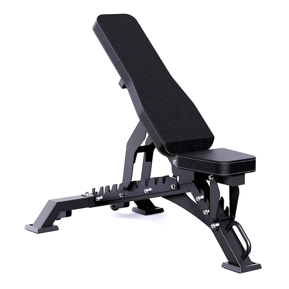 Black adjustable weight bench on a white background