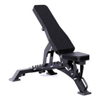 Black adjustable weight bench on a white background