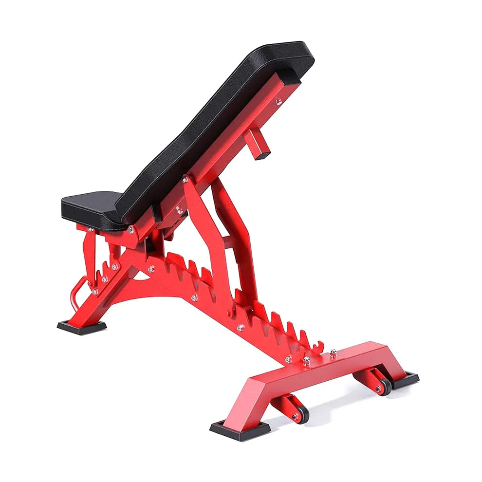 Red adjustable weight bench on a white background
