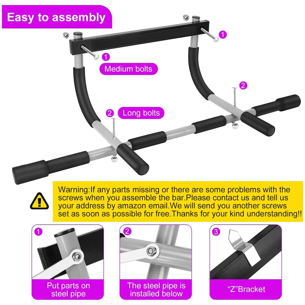 Assembly instructions for a pull-up bar with labeled parts and a warning message.