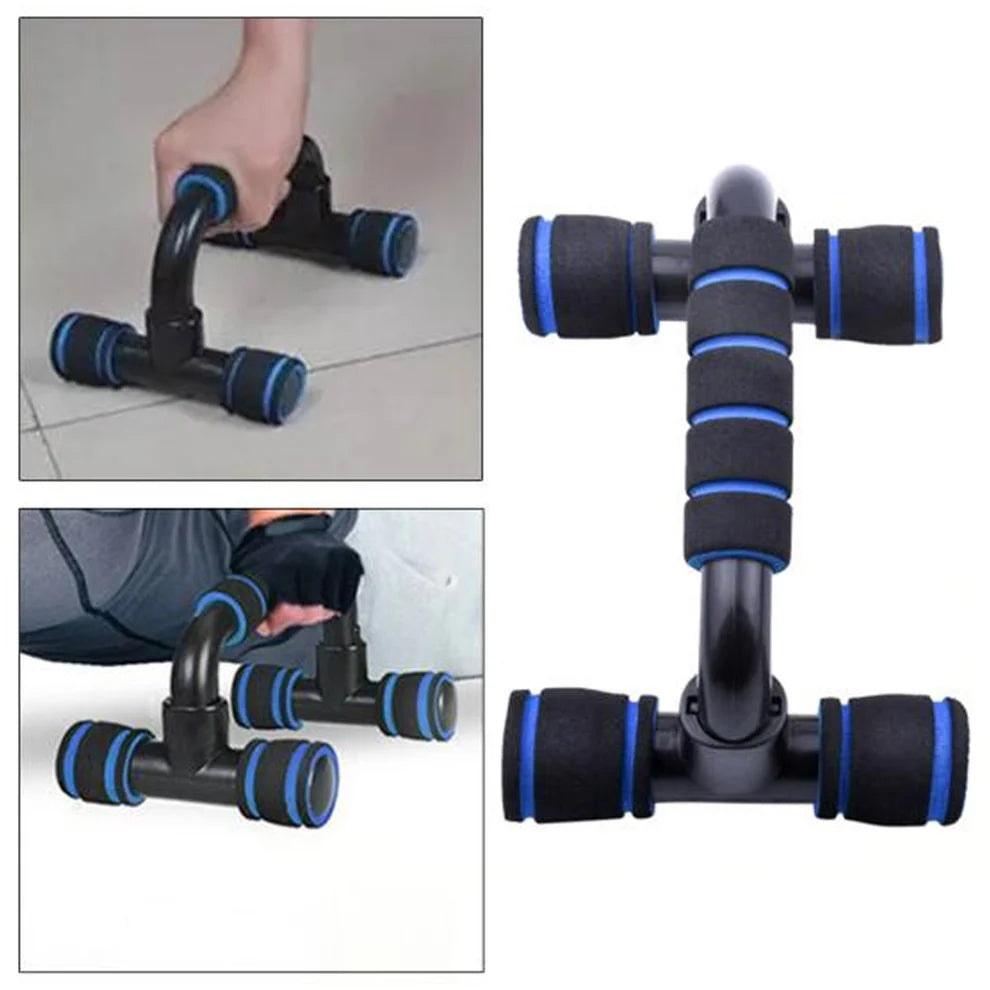 Black and blue exercise tool with handles on a white background