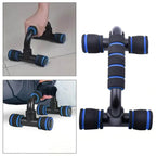 Black and blue exercise tool with handles on a white background