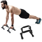 Man performing push-ups with push-up stands on a white background