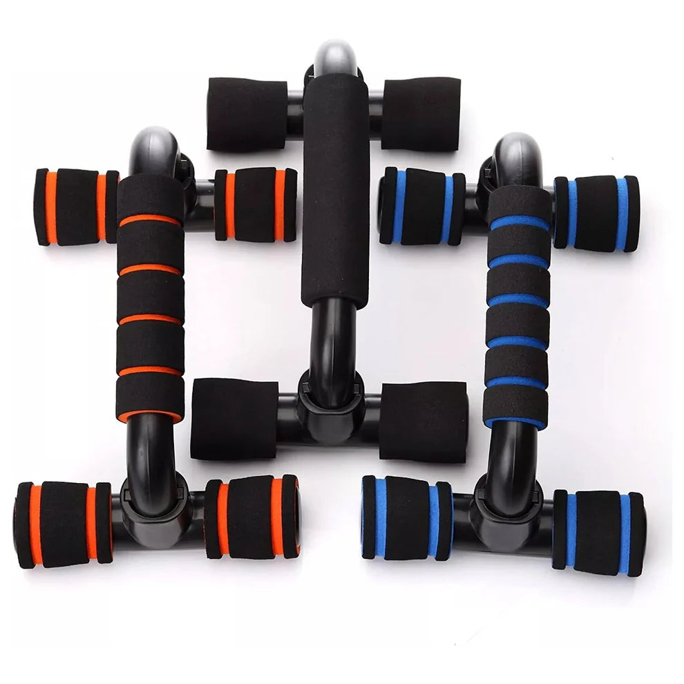 Pair of black hand grippers with orange and blue accents on a white background