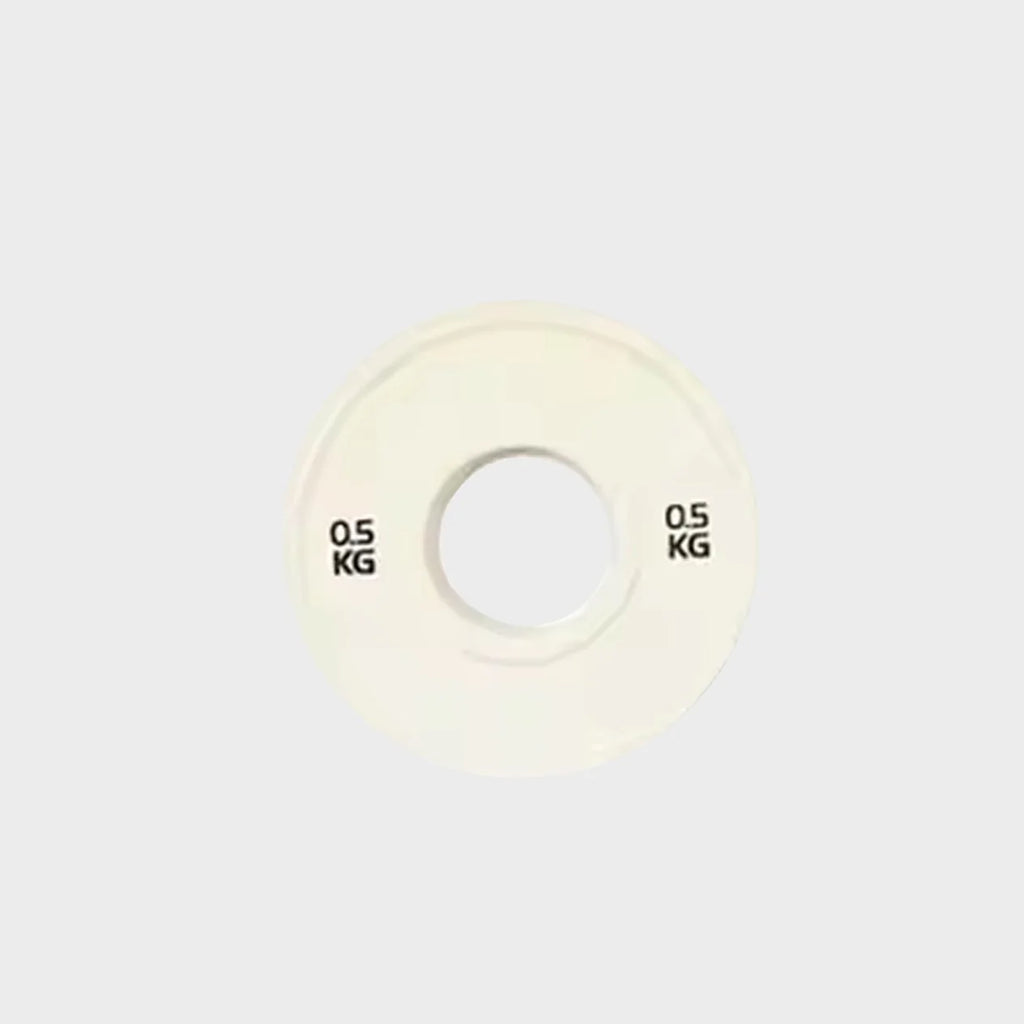 White weight plate with '0.5 KG' marking on a light gray background