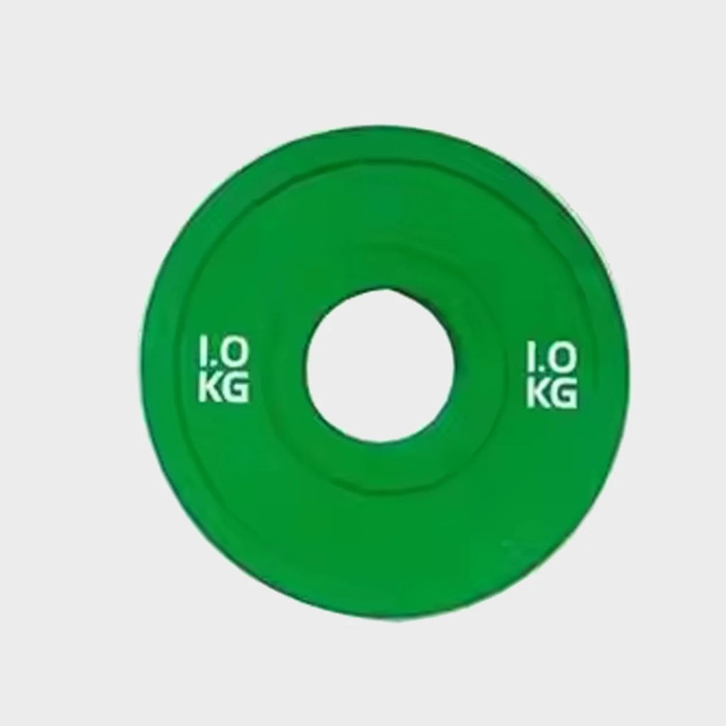 Green weight plate with '1.0 KG' marking on a light gray background