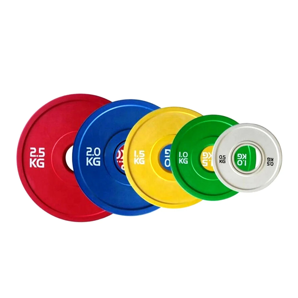 Set of colorful weight plates with weight markings on a white background
