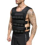 Person wearing a black tactical vest on a white background