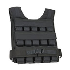 Black tactical vest with multiple pouches on a white background