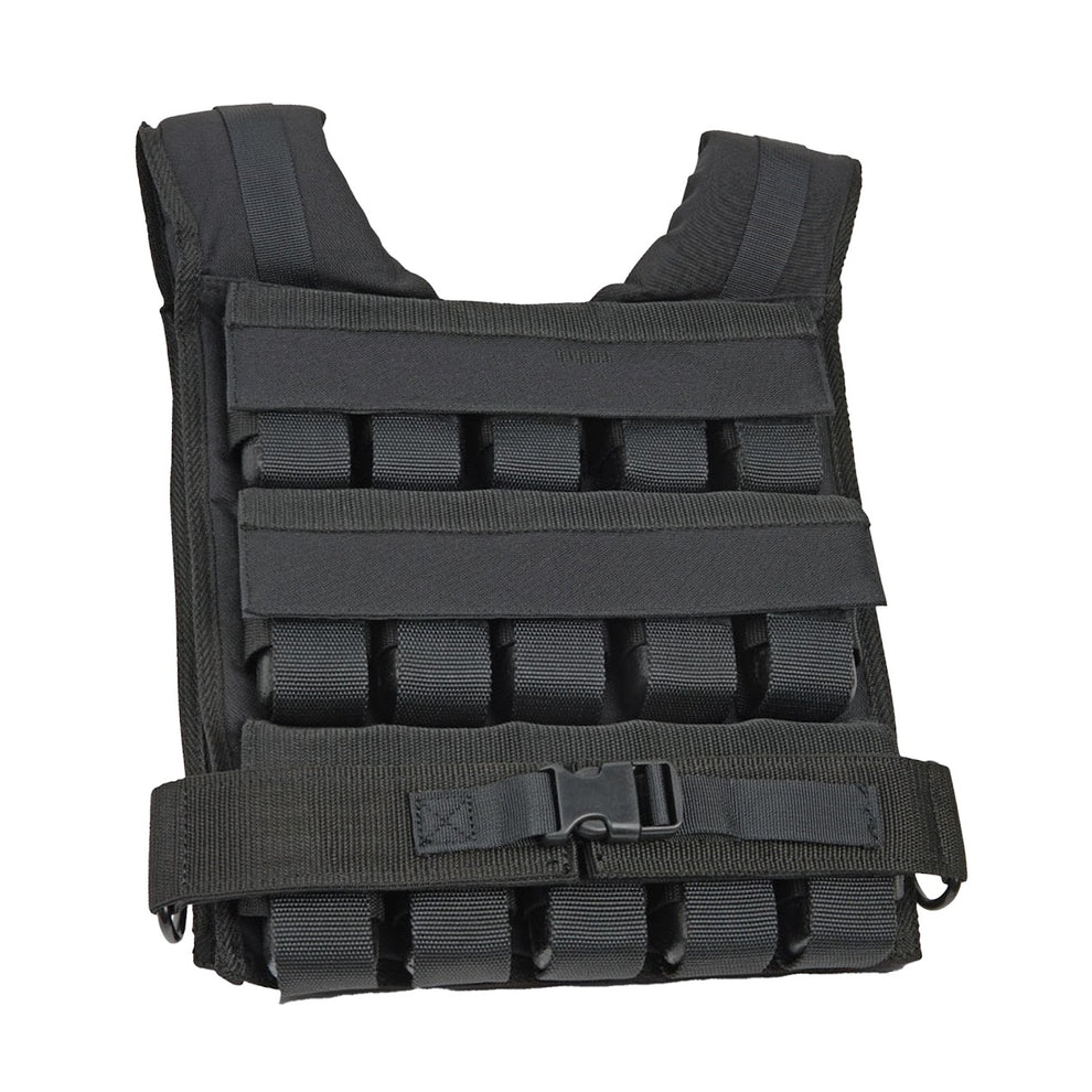 Black tactical vest with multiple pouches on a white background